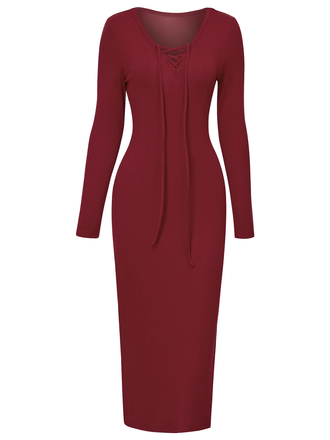 

Fashion Solid Color Lace-up Knit Dress 2023 Autumn Winter Casual Long Sleeve V-neck Dresses Sexy Female Slim Street Clothes