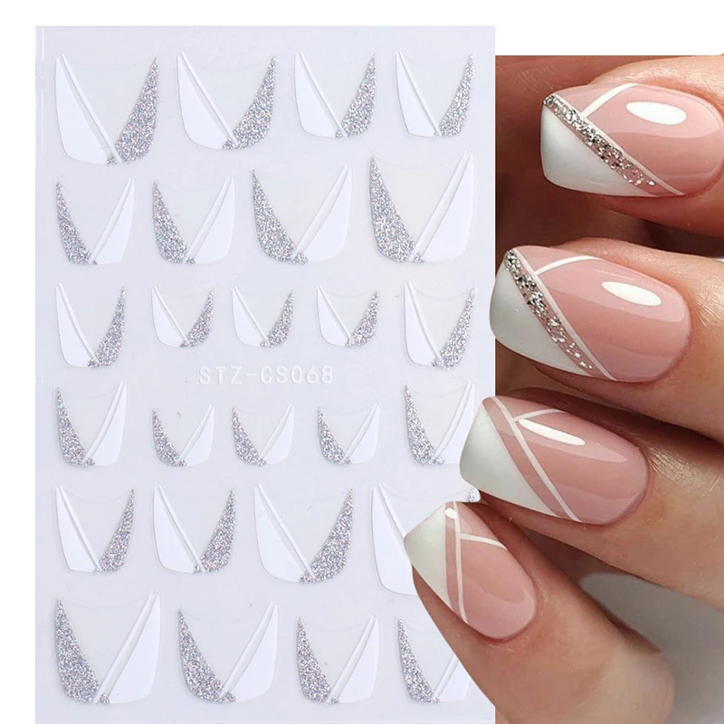 

3D French Tips Nail Stickers Shiny Glitter Silver White Sliders Decals Nail Art Decorations Adhesive Foils Manicure Tools