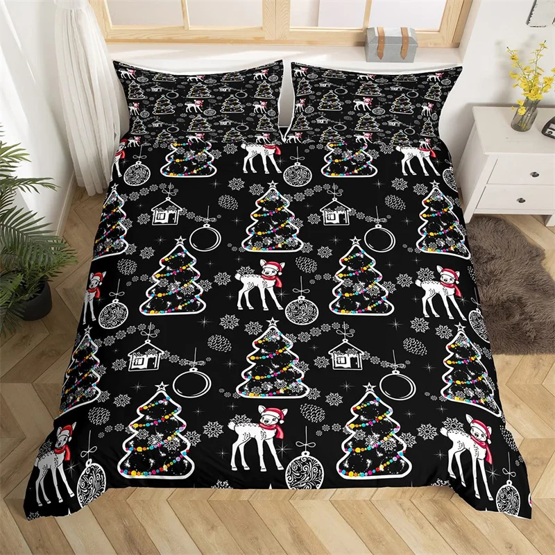 

Merry Christmas Duvet Cover Set Happy New Year Comforter Cover Microfiber Xmas Deer Elk Bedding Set Twin For Boys Girls Bow Gift