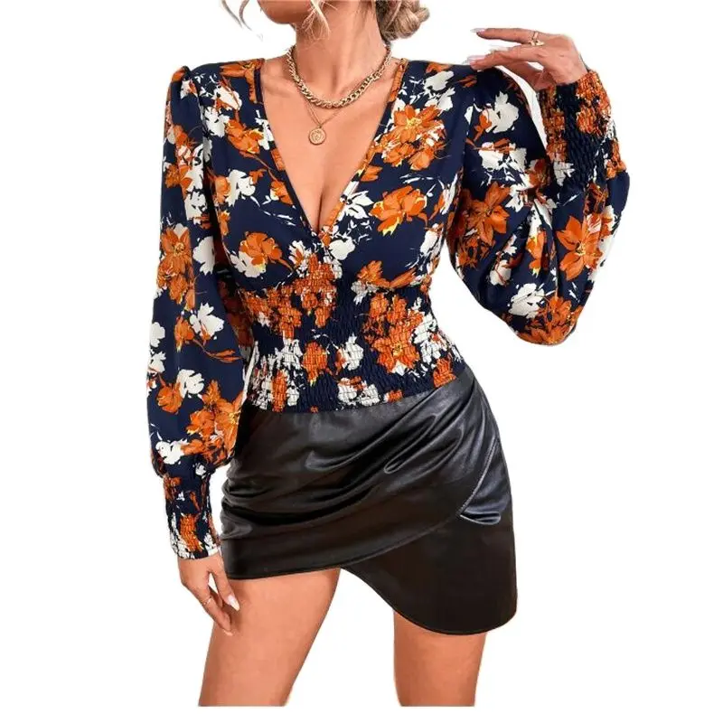 

New Women Printed Flowers Clothes Sexy V-neck Summer Blouse Tight Waist Tops For Ladies 4 Colors Drop Shipping