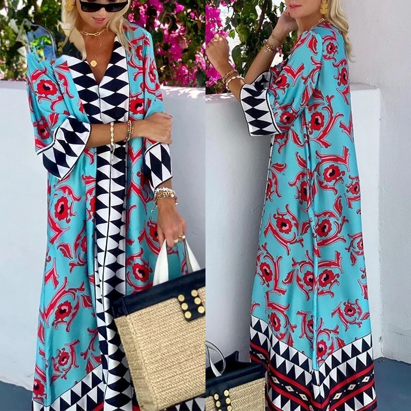 

Women's Dress Summer Bohemian Loose Print Dress Women's Casual Long Sleeve V-neck Pullover Holiday Floor-Length Dress