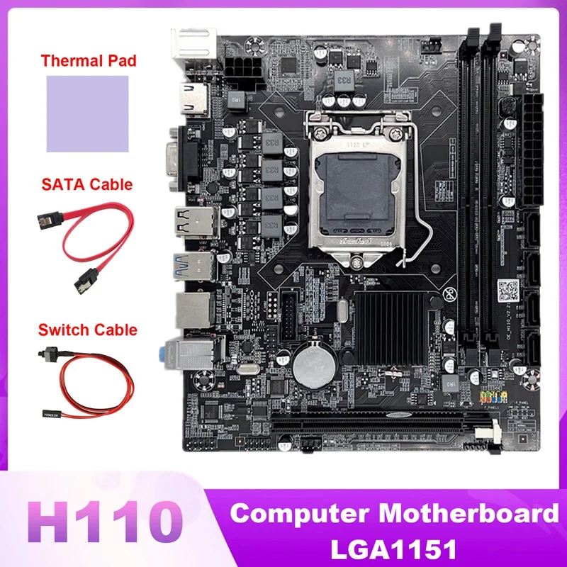 

Материнская плата H110 для компьютера, материнская плата LGA1151 поддерживает процессор Core I3 I5 I7 серии с кабелем SATA + кабель переключателя + термоподушка