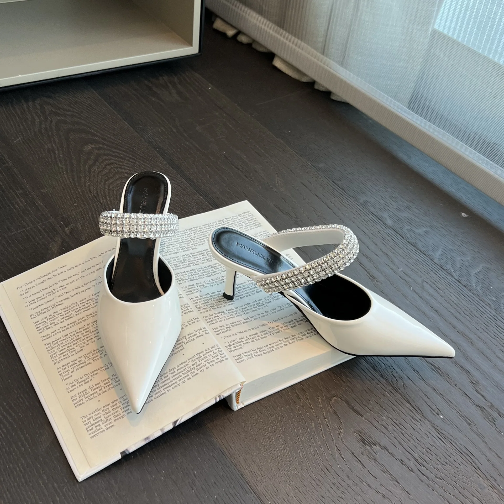 Women Japanned Leather Band Pointed Toe Slippers Crystal High Heels Party Shoes Backsling Sandalias Mujer Sandals