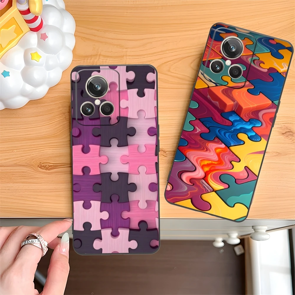 Puzzle Pretty Fashion Mobile Cell Phone Case for Realme GT 2 9i 8i 7i Pro X50 X2 C35 C21 C20 C11 C3 Black Soft Cover Shell