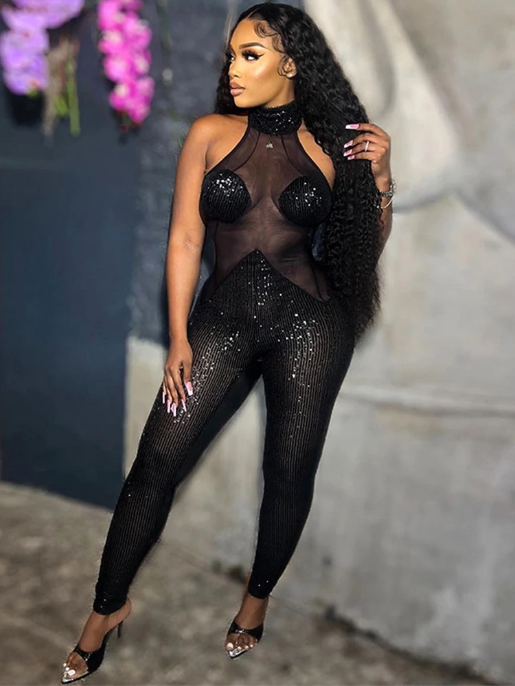 

Элегантный сетчатый прозрачный комбинезон в стиле пэчворк, женский модный комбинезон без рукавов с блестками и открытой спиной, сексуальный черный комбинезон, комбинезон