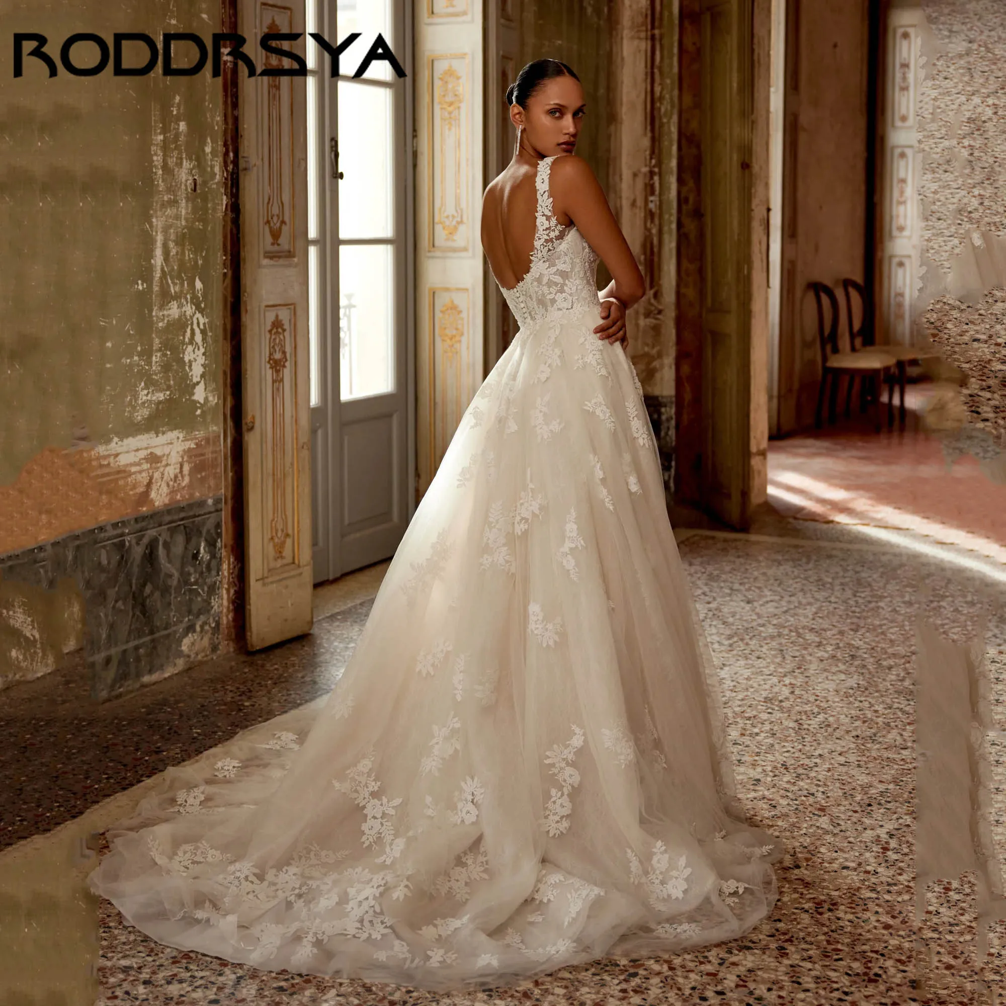 Фото RODDRSY Роскошные свадебные платья из тюля с аппликацией, классическое свадебное платье трапециевидной формы без рукавов с круглым вырезом и открытой спиной, платья de novia по индивидуальному заказу №3