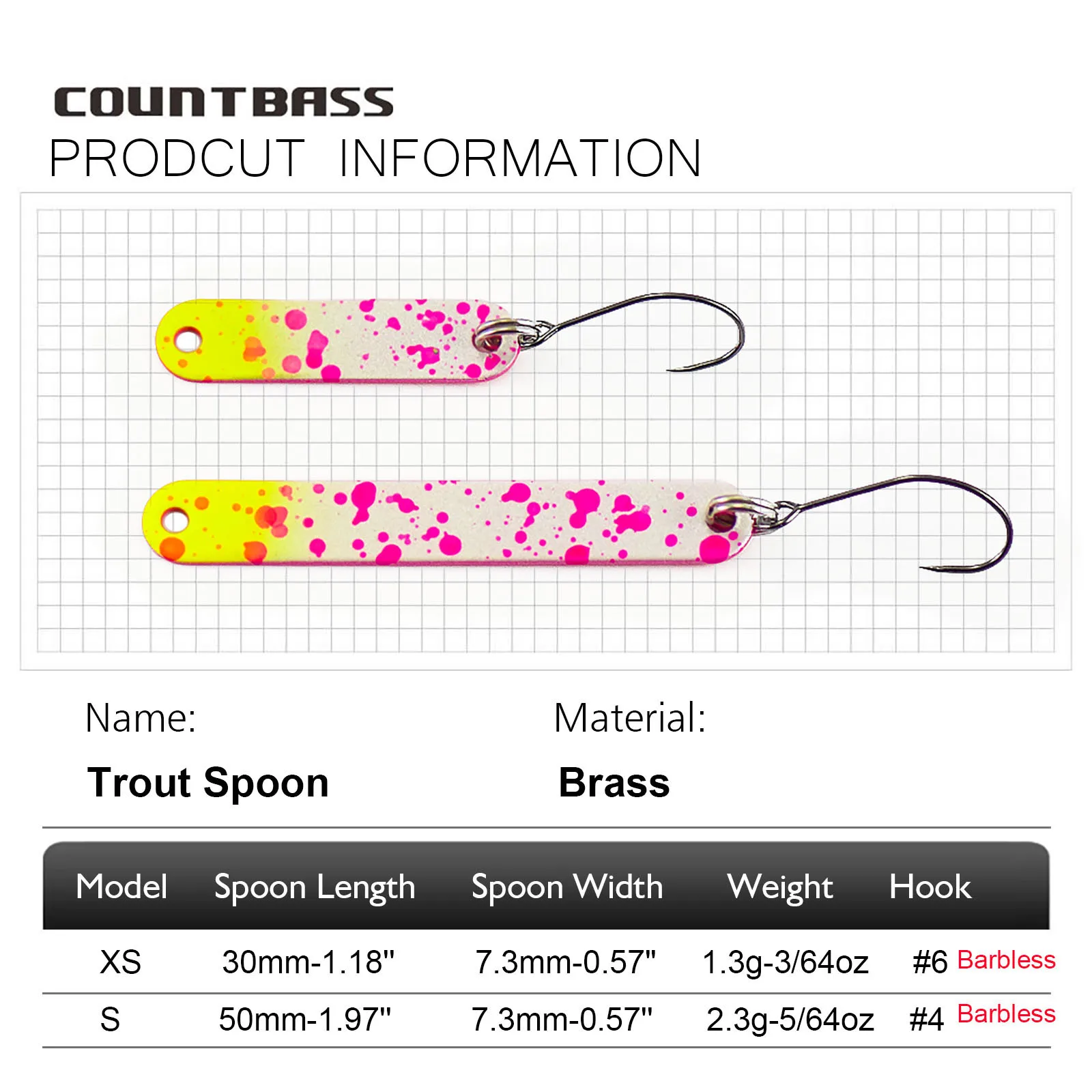 COUNTBASS 6 шт. латунные ложки для форели 3/64 унций 1 3 г 5/64 2 с крючком без заусенцев