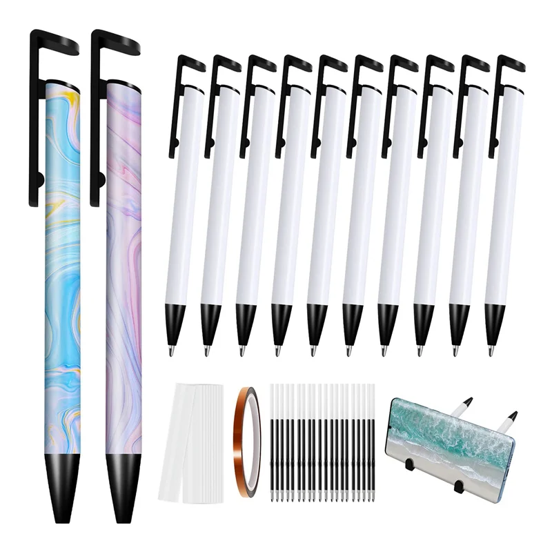 

Pack of 10 Sublimation Pen Blanks, Thermal Transfer Pen Bulk with Heat Resistant Tape and Shrink Wrap and Refills