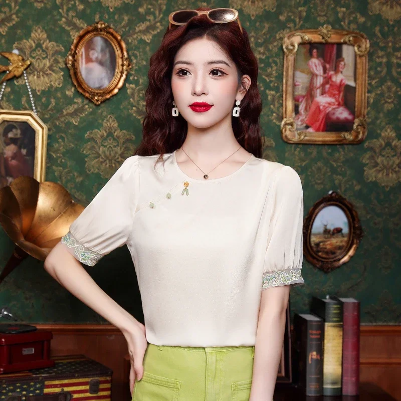 Женская шифоновая блузка с коротким рукавом и круглым вырезом