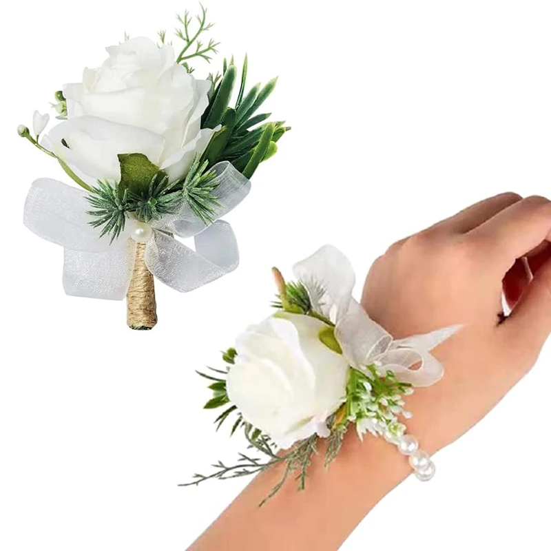 

Yannew White Rose Wrist Corsage Wristlet Band for Bridemaid Men Boutonniere Country White Wedding Flowers Prom Anniversary Decor