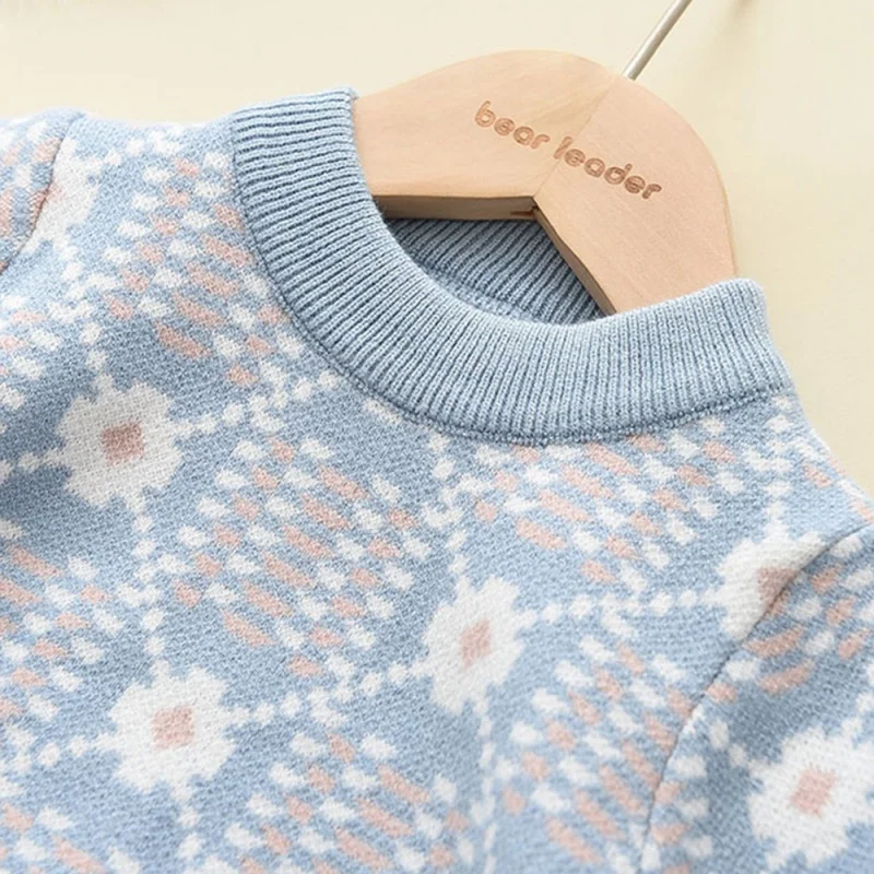 

Bear Leader Floral Girls Long Sleeve Knitting Suit Christmas Autumn Winter New Girls Sweater Knitting Top Skirt Two Piece Set