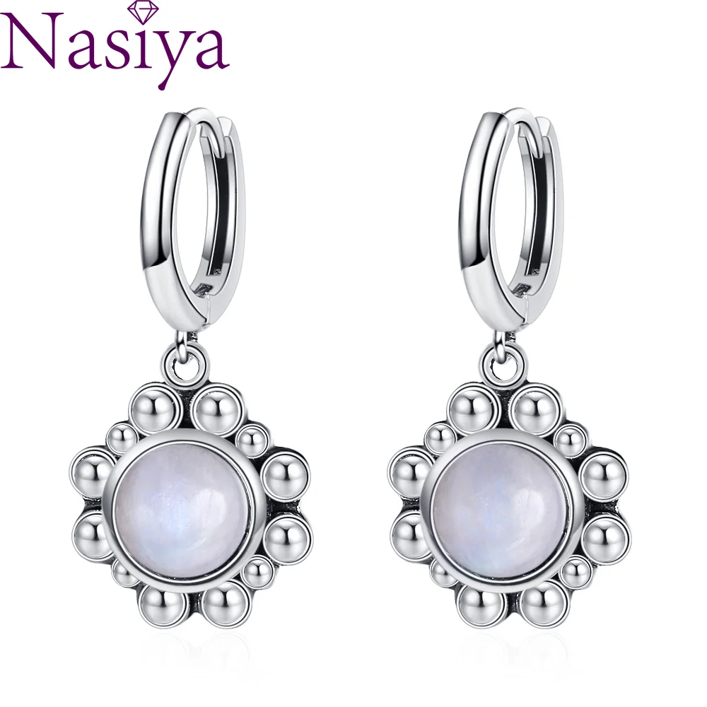 

Silver Earrings Round Oval Natural Moonstone Earrings Wedding Party Fashion Retro Ear Jewelry for Women