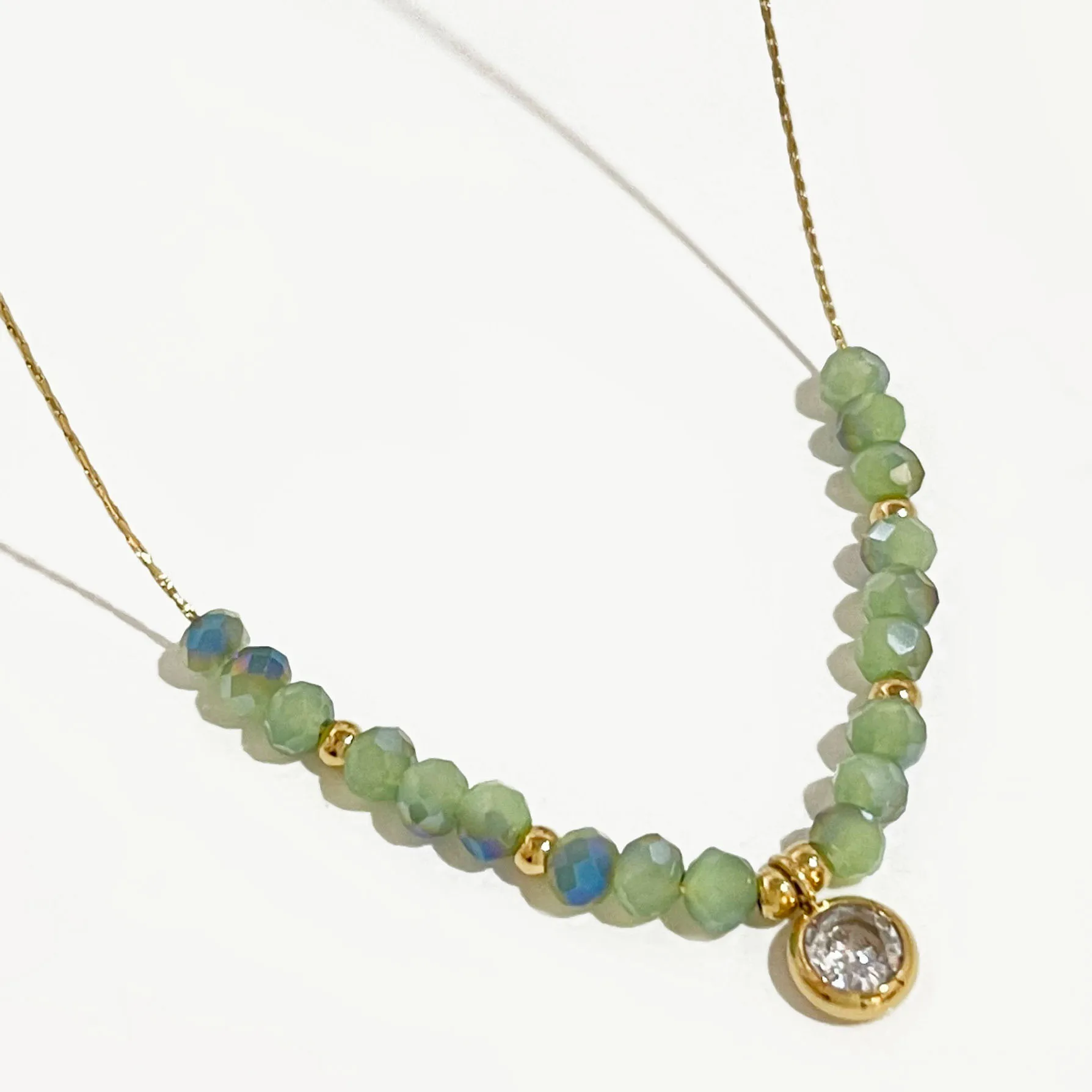 

Peri'sbox Simple Dainty Green Grey Seed Beaded Necklace with Cz Stainless Steel Gold Plated Thin Chain Faceted Beads Jewelry