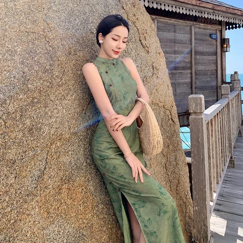 Фото Платье Cheongsam в китайском стиле, женское элегантное летнее платье без рукавов с разрезом, сексуальные тонкие платья миди, женское зеленое Ципао, 2024, горячая распродажа №2