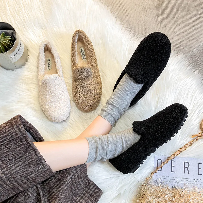 Lambswool flats cotton winter shoes for women solid round toe loafers slip on ladies shoes shallow fur moccasins plus size 34-43