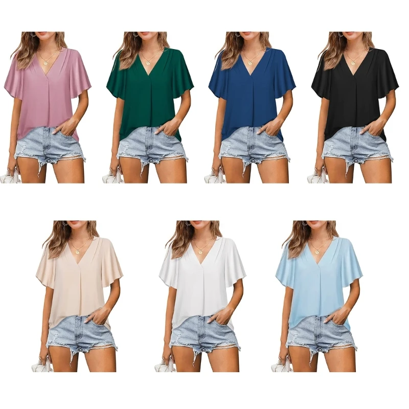 

Chiffon T-Shirt Top Short Sleeve Shirts Women Office Top Summer Clothing P8DB