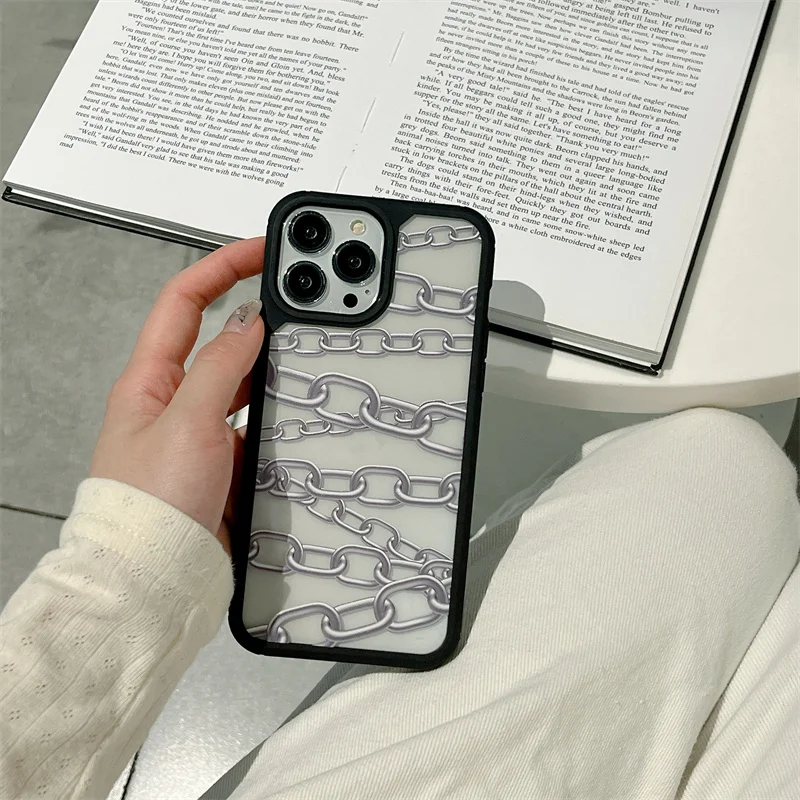 Модный серебристый черный армированный чехол с цепями для телефона iPhone 15 13 Mini 14Pro