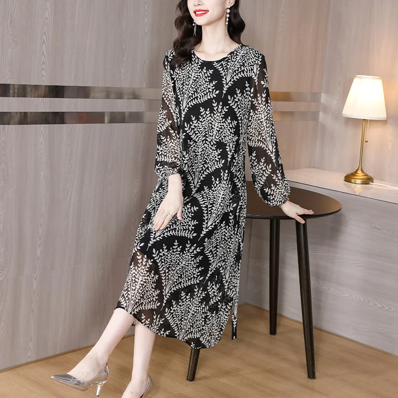 

Fall 2023 New Boho Black Print Silk Beach Dress Autumn Retro Loose Thin Long Sleeve Women's Elegant Party Vestidos