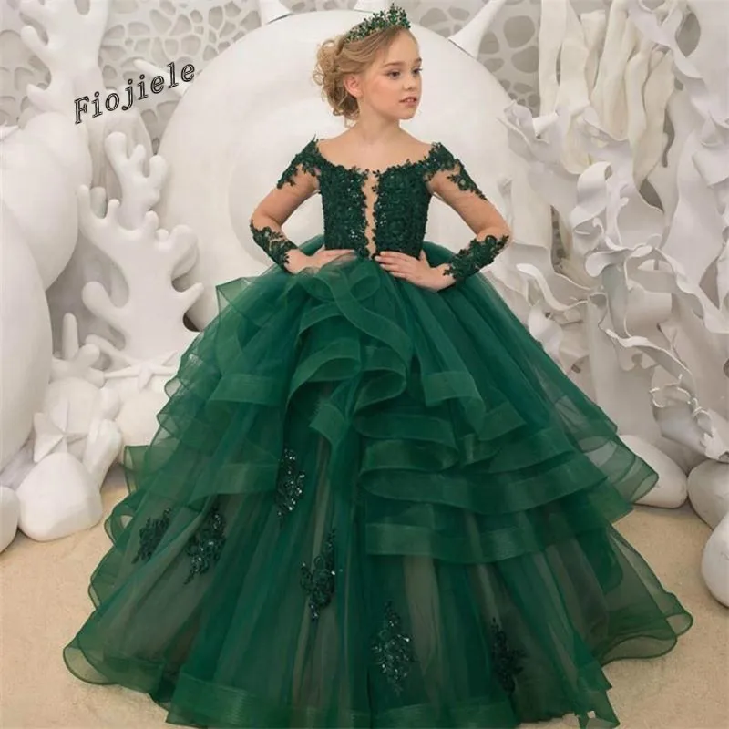 

Gorgeous Green Flower Girl Dresses Scoop Neck Appliqued Beaded Long Sleeves Girl Pageant Gowns Ruffle Tiered Sweep Train Birthda
