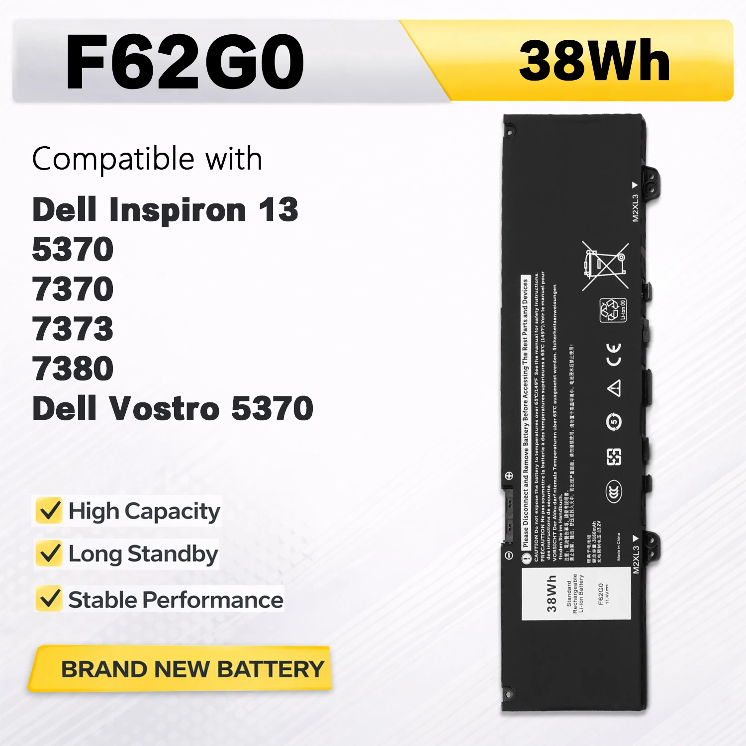 Фото Аккумулятор PowerHub F62G0 для ноутбуков, совместимый с Dell Inspiron 13 7386 2-in-1 5370 7370 7380 7373 Vostro 5370 RPJC3 P91G P83G P87G №1