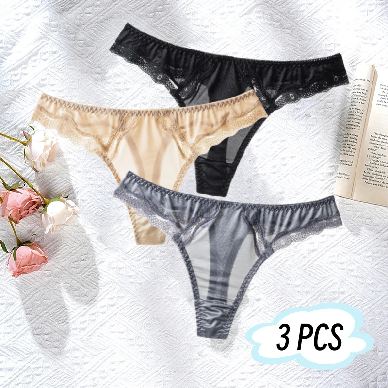 

New Ice Silk T-pants Women's Lace Summer with High Elastic Comfortable Sexy 3 Low Waist Underwear G-string