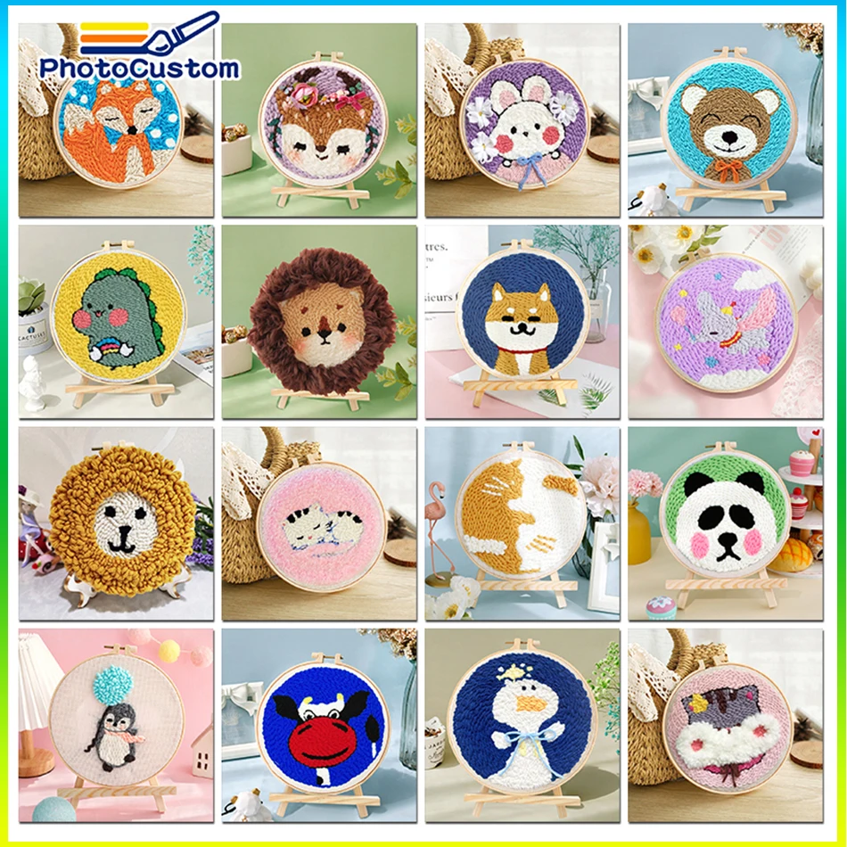 

PhotoCustom Punch Needle Paintings For Adult Funny Embroidery Kit DIY Needlework Animals Pattern Needlecraft For Beginner Gift