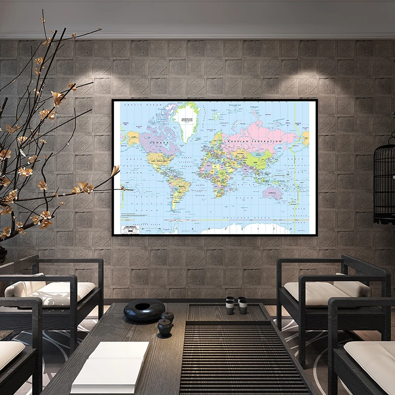 

24x36cm The World Mercator Projection Map HD Fine Canvas Spray Painting For Bedroom Wall Painting
