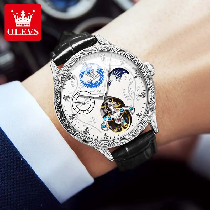 

OLEVS Fashion Waterproof Men Wristwatch Corium Strap Tourbillon Hollow-carved Automatic Mechanical Watches for Men Moon Phase