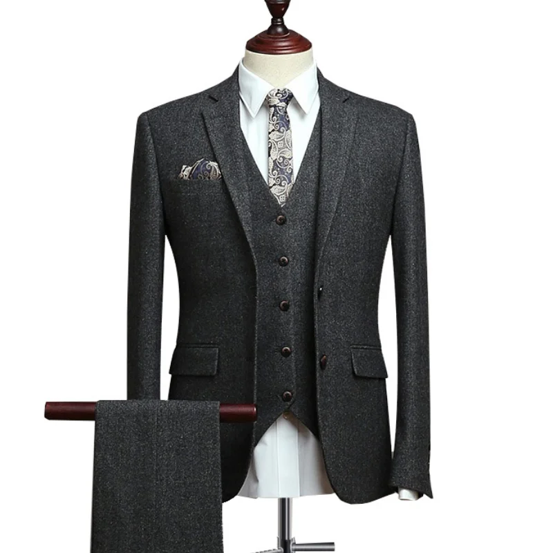 Деловые мужские шерстяные Твидовые костюмы смокинги в елочку с отложным