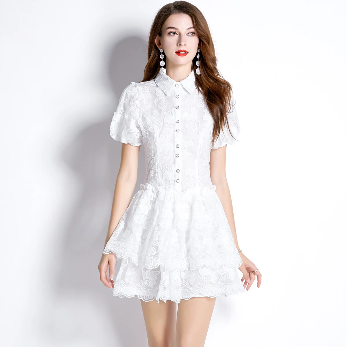 

White Cotton Lace Mesh Embroidery Cascading Princess Dress Women Peter Pan Collar Short Puff Sleeve Ruffles Mini Party Vestidos