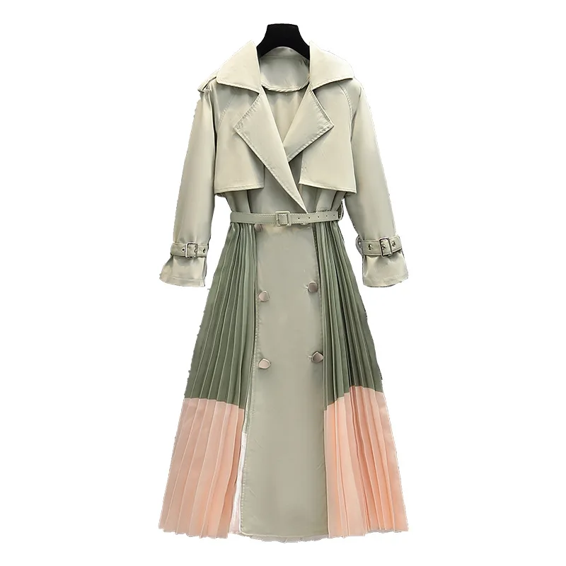 Double-Breasted Long Pleated Stitching Skirt 2022 Autumn New Fashion Temperament Trend Trench Coat Women's Clothing