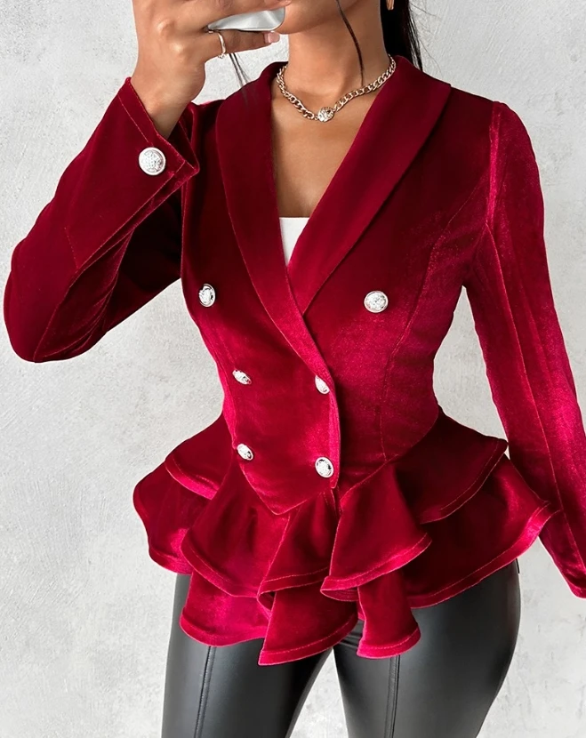 

Fashionable Women's Irregular Work Suit Jacket 2023 Women Clothes Double Breasted Velvet Ruffles Long Sleeved Blazer Coat