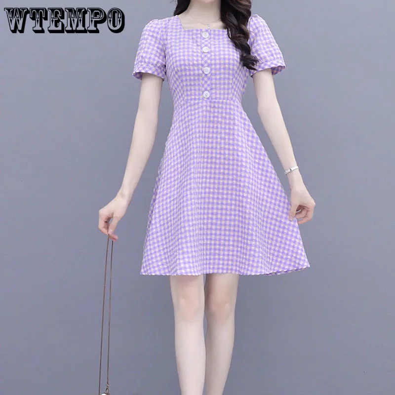 

Lattice Dress French Summer Fairy Sweet Temperament Mid-Calf Length A-LINE Casual Dresses for Women
