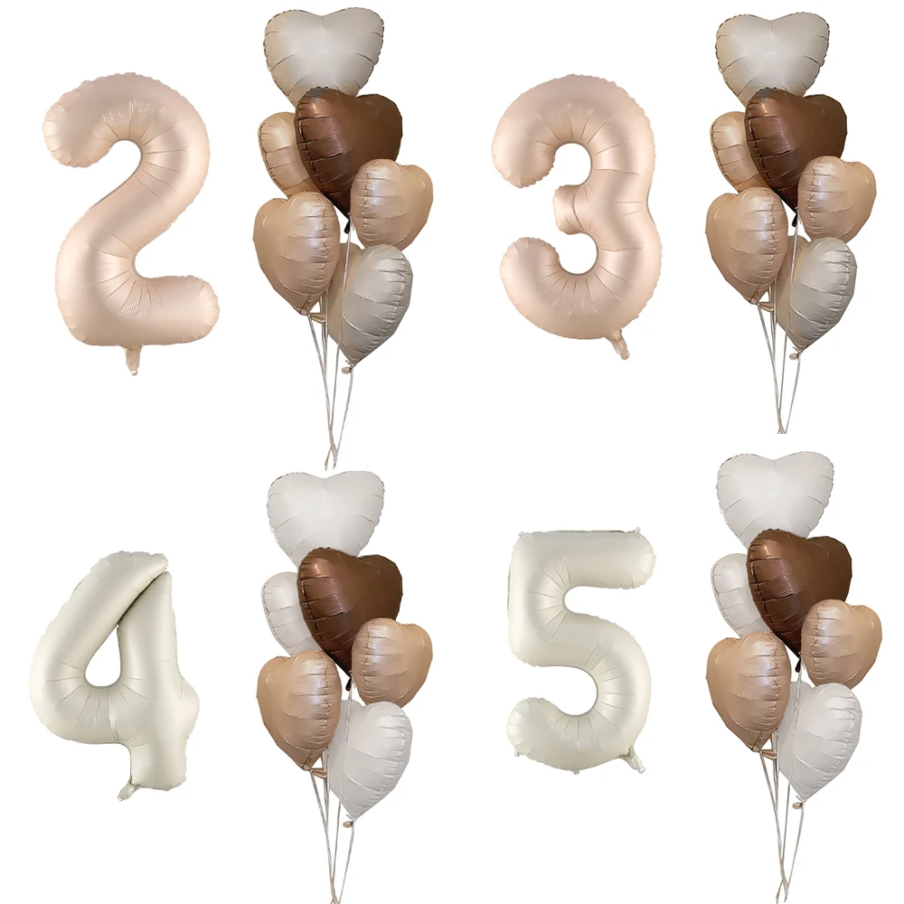 

7pcs/set 32inch Caramel/Cream Color 1-9 Number Balloon with Heart Foil Balloons for Adult Kids 1 2 3 4 5 6 Birthday Party Decor