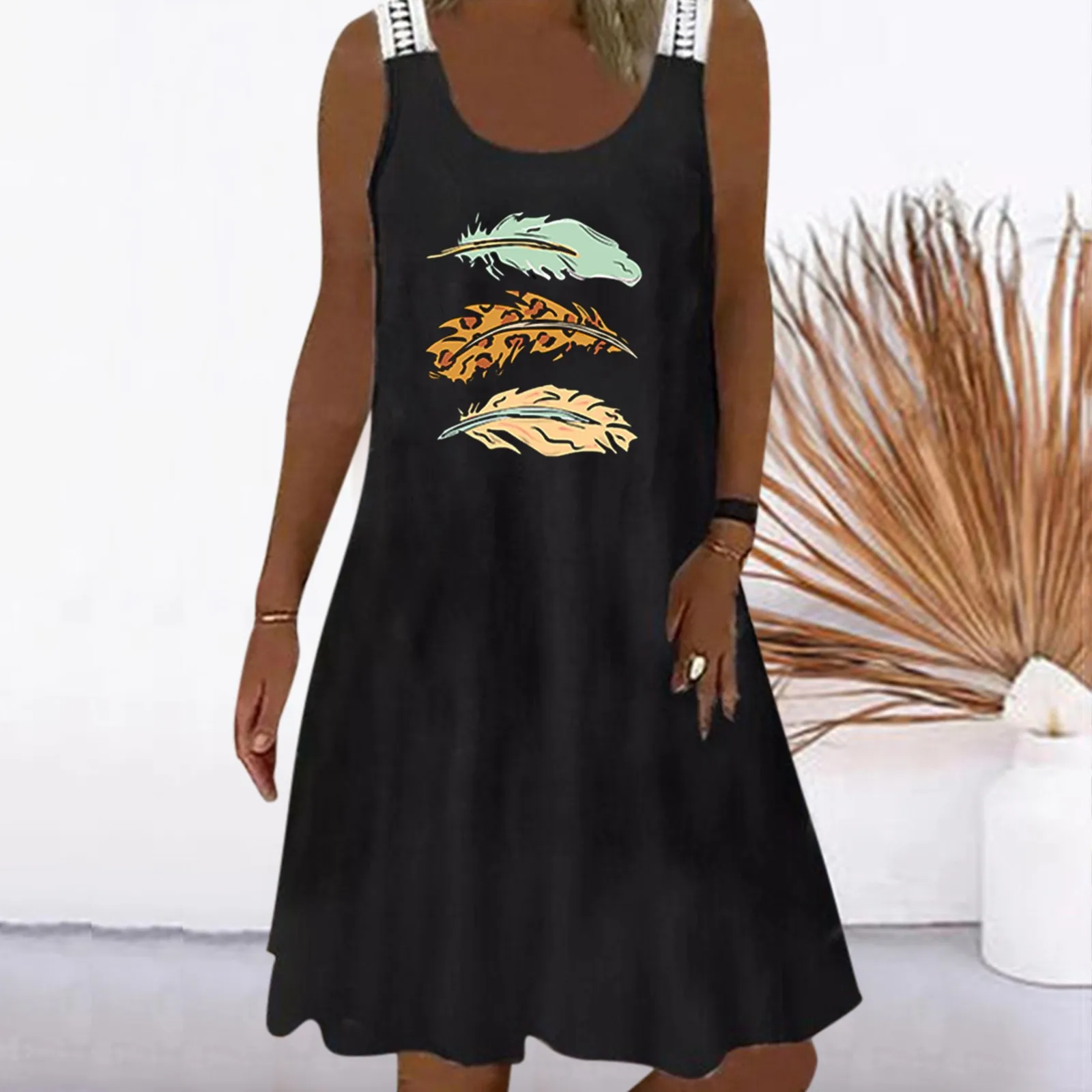 

Women Casual O Neck Feather And Dandelion Printing Vest Dress Lace Sleeveless Swing Dress A Short Sleeve Maxi Dresses for Women