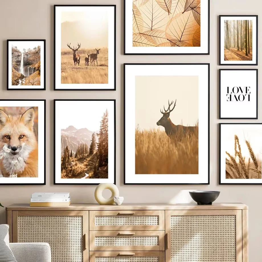 Осенняя пшеничная белка лес лиса олень стена искусство канвалайнговые