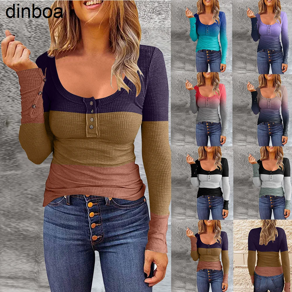 Dinboa-women Tops Camiseta Feminina Colorblock Gradiente Outono 2022 Gola Redonda Com Botão Manga Longa Blusa Fina Fashion