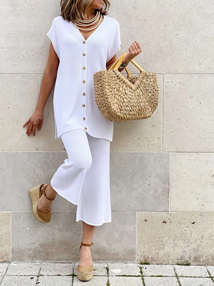 

Elegant Lady 2 Piece Fashion Short Sleeve V Neck Button Cardigan Tops + Wide Leg Nine Pants Sets Casual Female Solid Loose Suits