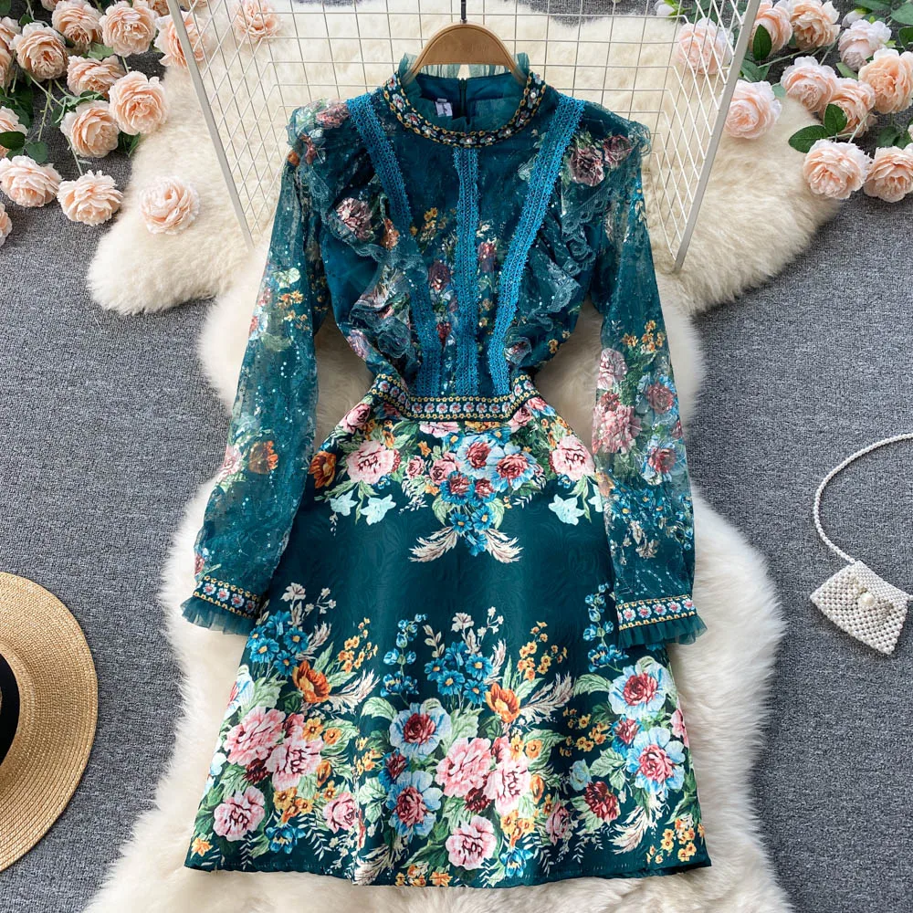 

2022 Spring New European And American Style Ladies French Lace Stitching Heavy Work Beaded Jacquard Western Style Dress
