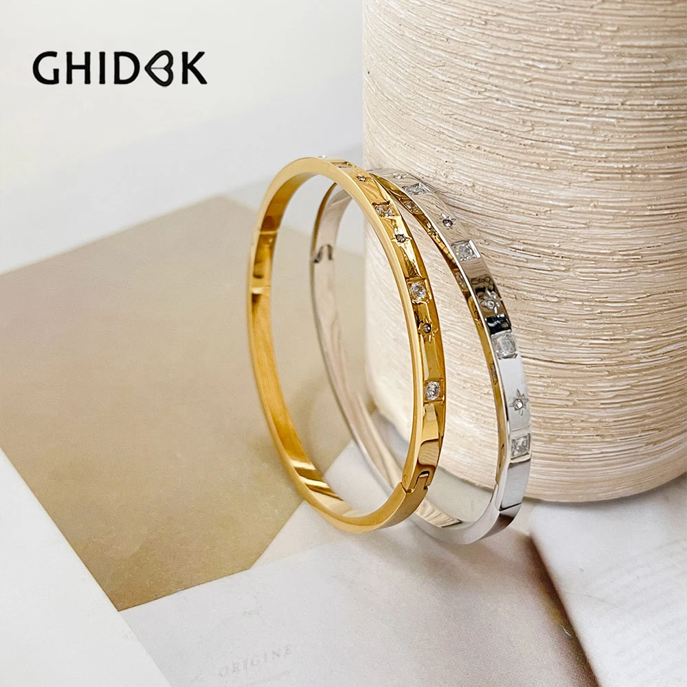 

GHIDBK Gold Silver Pated Pave Cz Starburst Hinged Bracelet for Women Stainless Steel Zircon North Star Sturdy Bangle Stacking