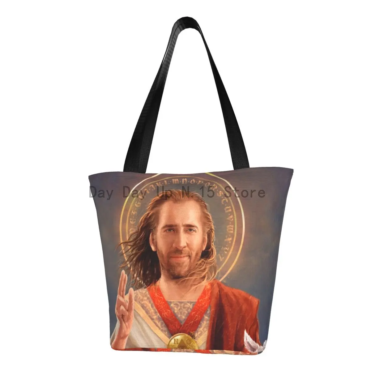 

Saint Nicolas Cage Grocery Shopping Bag Custom Print Canvas Shopper Tote Shoulder Bag Large Capacity Portable Funny Meme Handbag