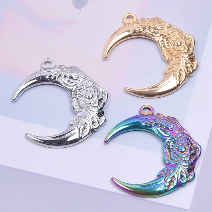 

Vintage Crescent Moon Charms For Jewelry Making Supplies Rose Flower Pendants Stainless Steel Charm Handmade Material Breloque
