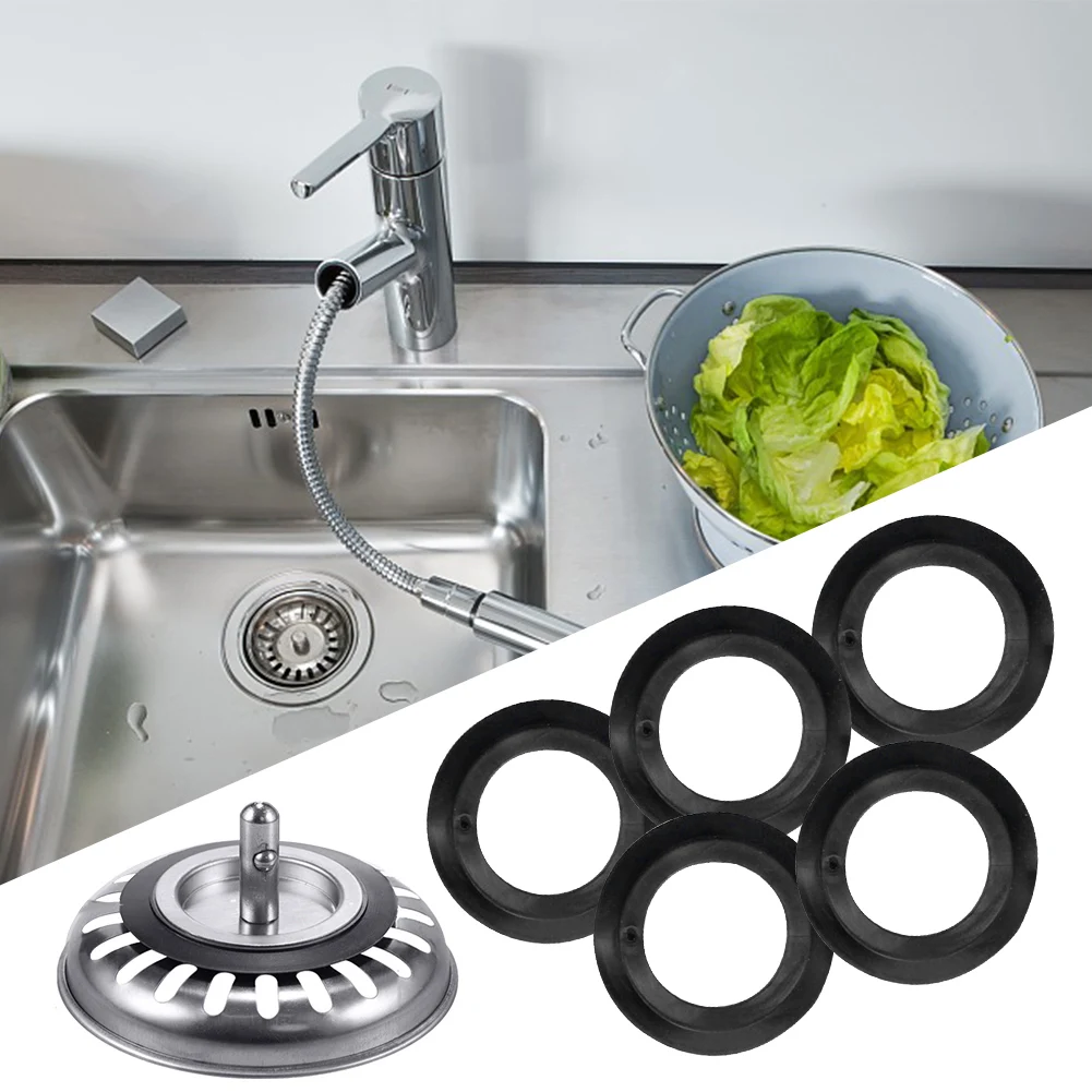 

5pcs Waste Plug For Kitchen Sink Strainer Washer Basket Seal Ring Black Soft PVC Replacement Parts Gasket Easy Install Repair