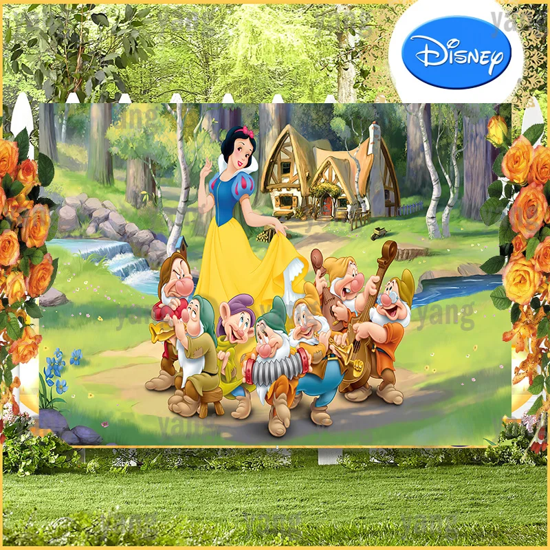 Cartoon Snow White And The Seven Dwarfs Disney Princess Forest Background Birthday Party Decoration Banner Backdrop Photo Wall