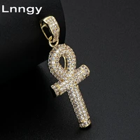 Lnngy Iced Out Egyptian Ankh Cross Charm Pendant 14K Solid Yellow Gold CZ Hip Hop Religious Faith Jewelry Gift for Men Women