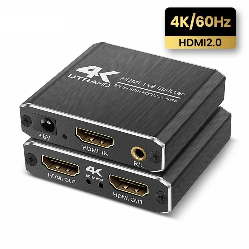 

4K HDMI 2.0 splitter Support 4K/60Hz YUV4:4:4 HDR 1 in 2 out HDMI Switch 60Hz with 3.5mm R/L audio output