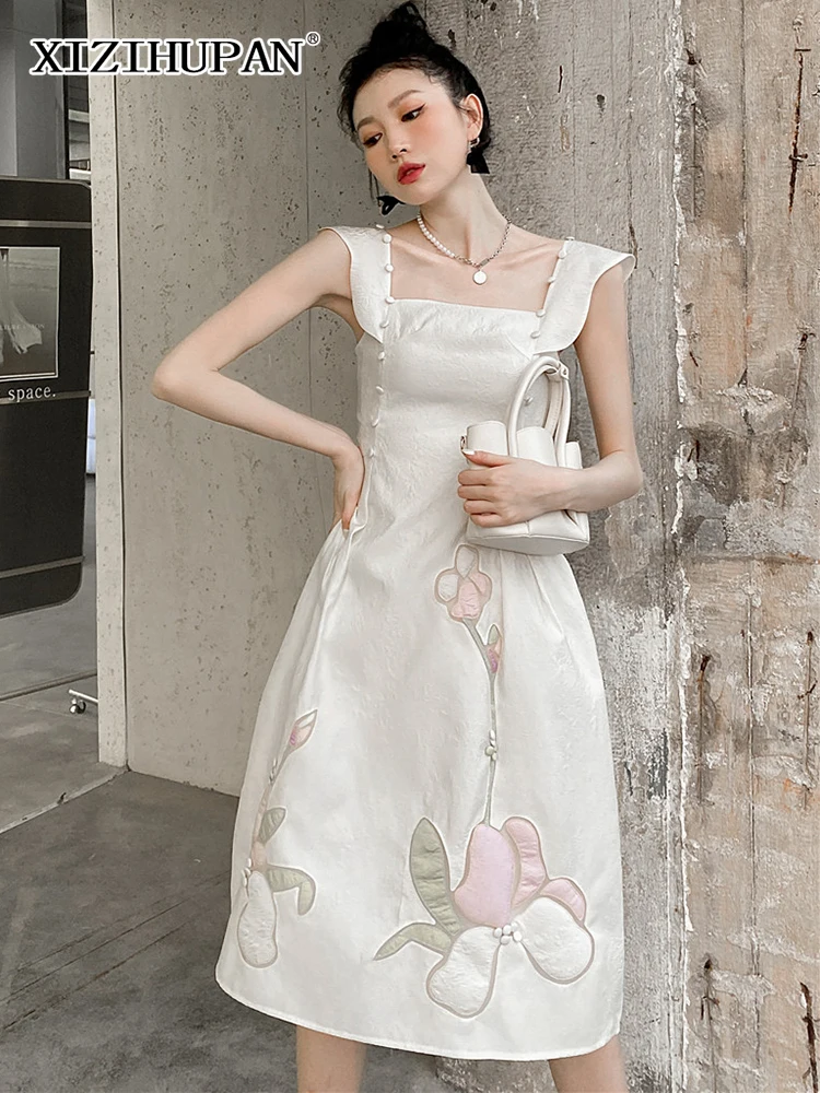 

XIZIHUPAN Elegant Patchwork Florals Dress For Female Square Collar Sleeveless High Waist Knee Length Dresses Woman 2022 Clothing