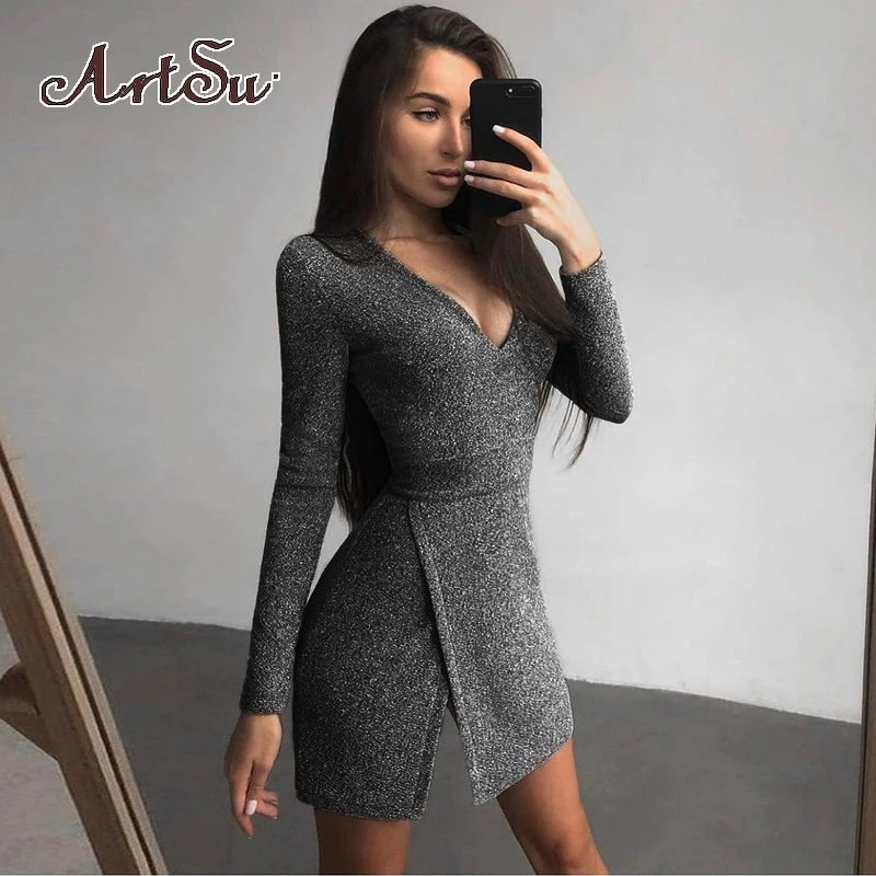 

Artsu Bling Glitter Women Long Sleeve Mini Dress Lady Slit Bodycon Sexy Party Elegant Dresses Club Festival Evening