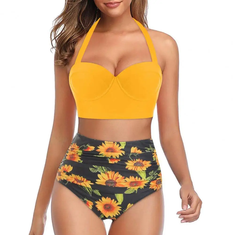 

Sexy Micro Bikini 3/4 Cup Padded 2 Piece Bikini Set Halter Bra Sunflower Print Briefs Bathing Suit Swimwear yuksek bel bikini