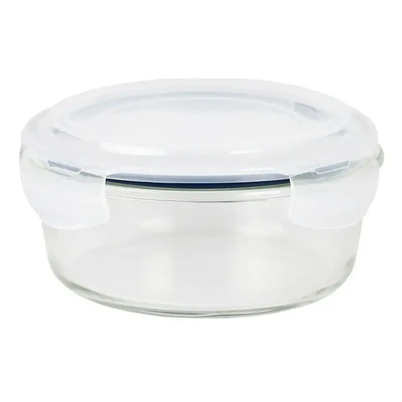 

32 Ounce High Borosilicate Glass Round Food Storage Container with Indigo Rubber Seal